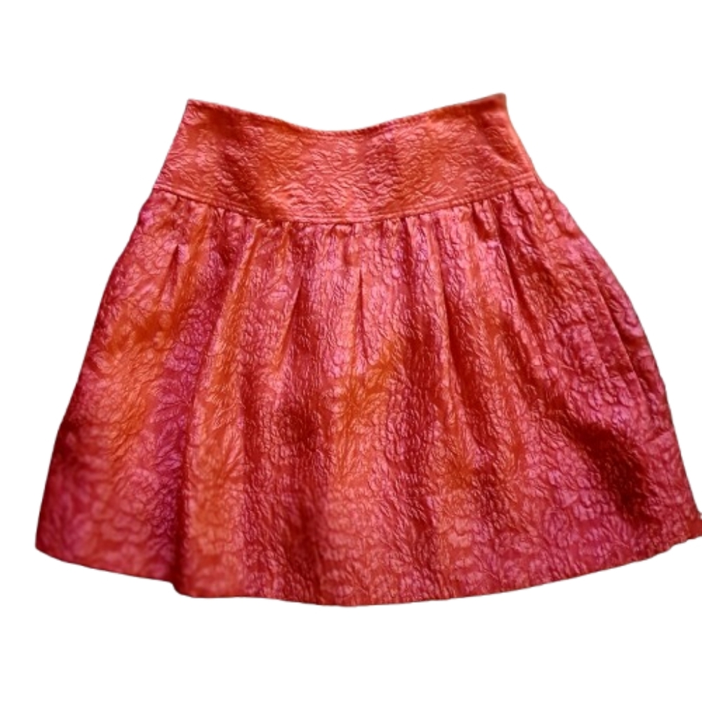 Nwot BCBG MAXAZRIA Kacie Silk  Coral Pink/Red Jacquard Pleated Mini Skirt SZ 4